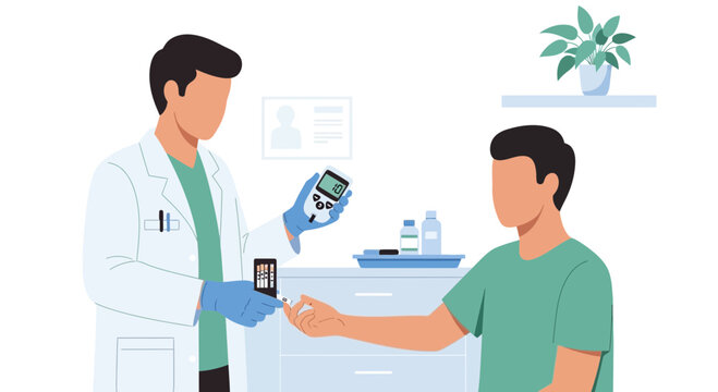 Doctor checking patient's blood sugar level with glucometer in clinic