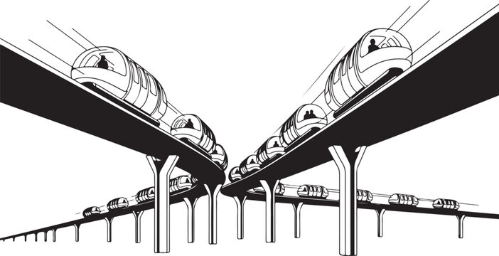 Monochrome highway overpass, elevated roadways, urban infrastructure, black and white illustration