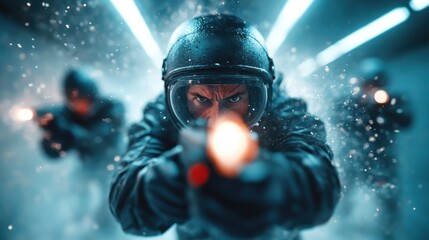 Obraz premium A group of tactical operatives with firearms emerges from fog, creating a tense and gripping atmosphere showcasing their determination and focus in a high-stakes environment.