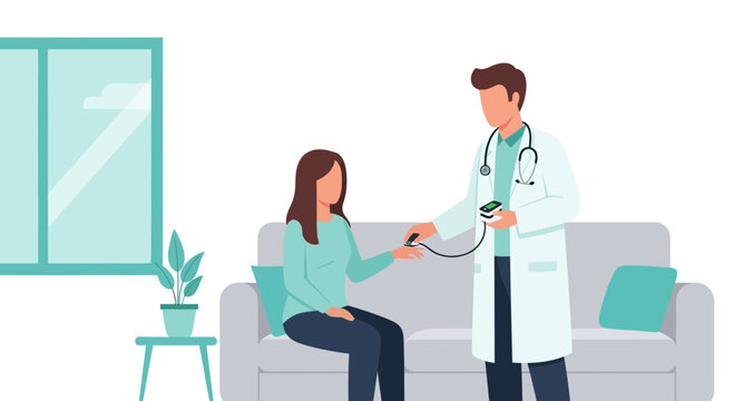 Doctor checks patient's blood oxygen level with pulse oximeter at home