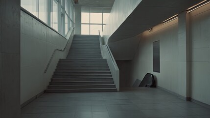 Obraz premium Empty concrete staircase ascending towards large bright windows in a modern minimalist transit station building, symbolizing progress, future, and upward movement