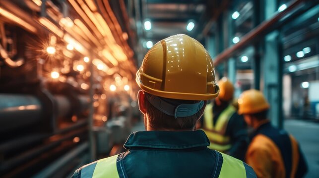 A focused worker in a yellow hard hat observes illuminated machinery, embodying diligence and safety in the industrial environment, showcasing teamwork and professionalism.
