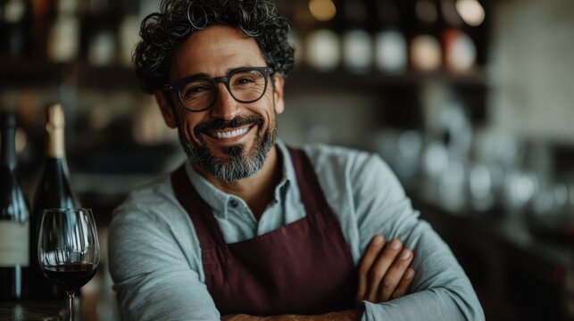 A charismatic bartender in an apron smiles warmly while holding a glass of wine, embodying hospitality and the vibrant atmosphere of a bustling bar space.