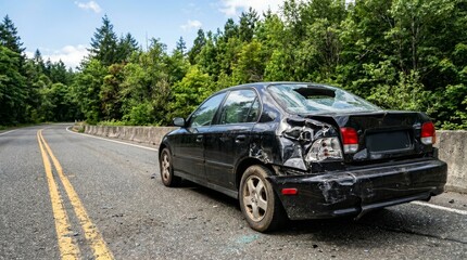 Fototapeta premium Crashed black sedan parked on the side of a rural road with rear bumper damage after a collision for safety and insurance marketing.