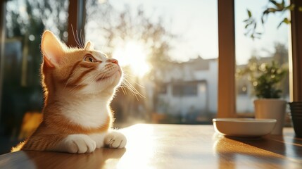 A charming golden cat sits at a window, gazing thoughtfully outside into a warm sunset, capturing the essence of peace, contentment, and the comfort of home in a serene setting.