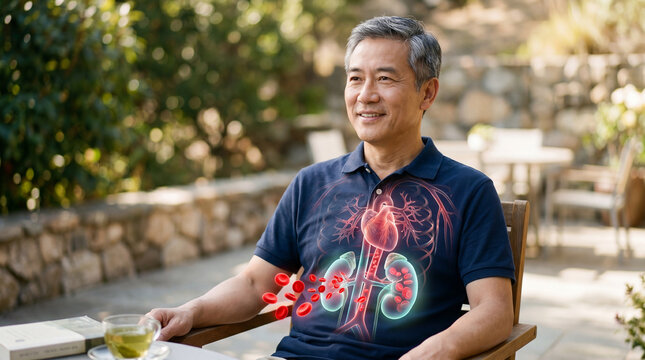 An older person contemplates the significance of healthy organs, he wears a shirt with an internal organ visual.