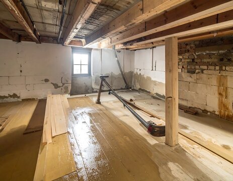Interior perspective of unfinished basement. Wooden floor and support beams are visible. A small window lets in natural light. Exposed stone