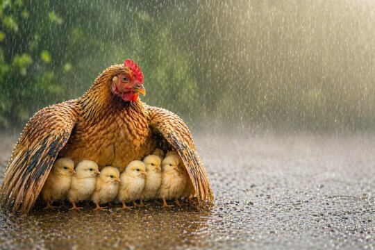A mother hen shelters her chicks under her wings from the rain, a concept of safety and family care; a metaphor for resilience and protection for advertising about insurance and safety for parents.