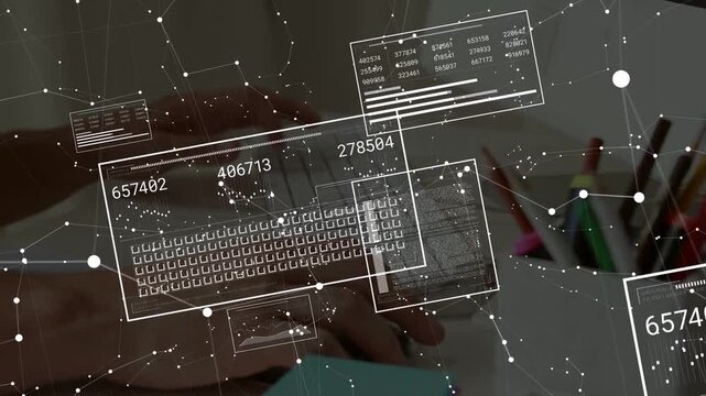 Typing hands opening HUD overlays, nodes linking, panels shifting, numbers updating, showing data