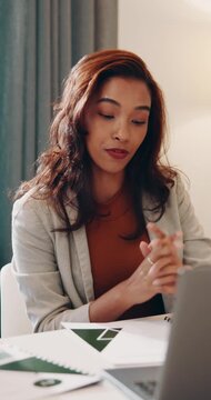 Creative, project and woman with paperwork in office, public relations and planning for ad campaign. PR manager, teamwork or people with documents for brand awareness, serious and meeting in business