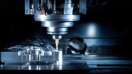 Naklejka premium CNC machining center produces precision metal component with cutting tool during operation