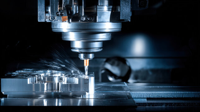 CNC machining center produces precision metal component with cutting tool during operation
