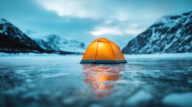 A solitary orange tent stands alone on a frozen landscape, highlighting the rugged beauty and isolation of nature in a stunning frozen mountain setting.