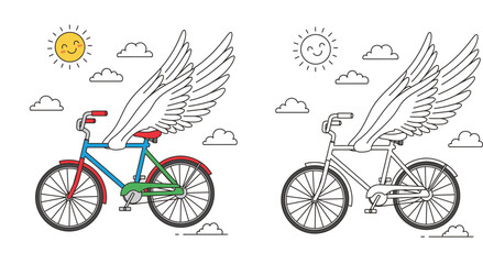 Flying bicycle with wings in the sky with sun and clouds, colorful and outline coloring page version, creative transportation concept vector illustration for kids and hobby activities. © SHOHAG