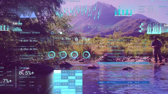 Angler on right bank standing, AR system sensing and updating charts overlaying man for monitoring