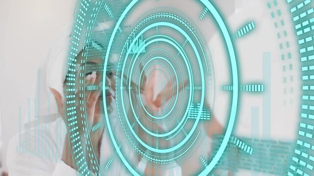 Woman bringing hands into turquoise HUD, touching under eyes and smoothing skin for beauty analysis