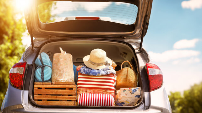 Packed car trunk ready for summer road trip with travel bags and picnic supplies on sunny day