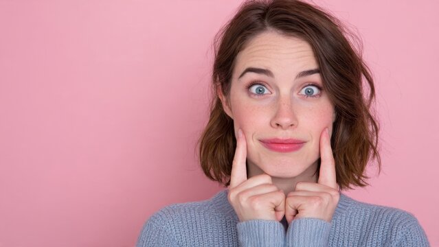 Playful portrait of a charming young woman with wide eyes and fingers pushing up her cheeks, creating a cute expression against a vibrant pink background.