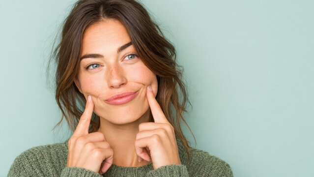 Playful young woman making a funny face by pulling her cheeks with her fingers, creating exaggerated dimples, smiling cutely against a light blue background.