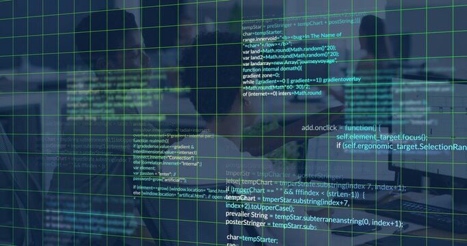 Displaying code overlay covering center in tech office, blending with green grid and monitors