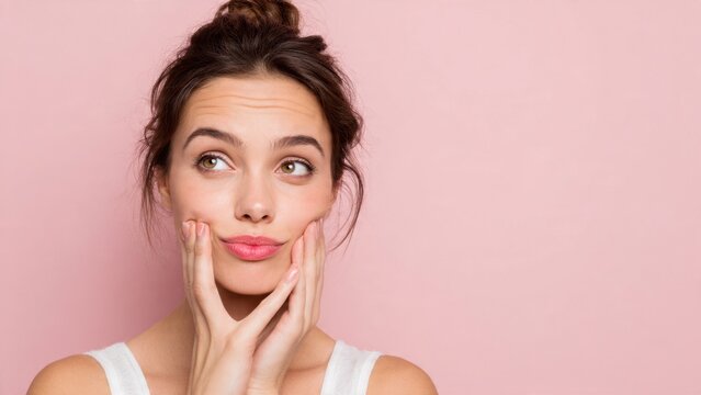 Playful young woman with hands on cheeks, looking up thoughtfully on a pink background. Cute and natural beauty portrait showcasing contemplation and youthful charm.