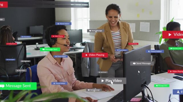 Headset agent speaking, lead leaning, floating play msg badges over screen aiding business training