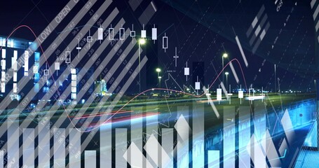 Displaying finance overlay across night bridge or roadway with candlestick charts and light trails © vectorfusionart