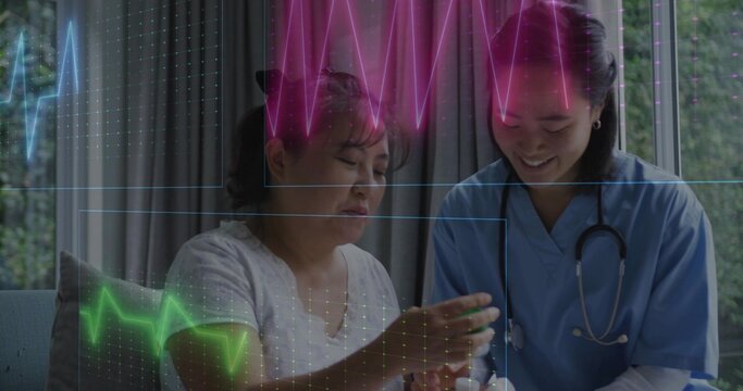Leaning nurse in blue scrubs helping patient checking medication pack at home with stethoscope ECG
