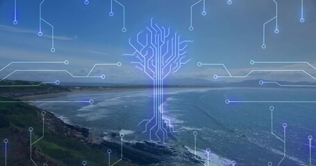 Obraz premium Showing central treelike circuit overlay with nodes rising over bay with grassy cliffs, rocky shore