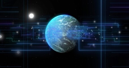 Naklejka premium Displaying central Earthlike planet orbiting through neon grid in deep space, with glowing nodes