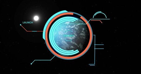 Fototapeta premium Displaying Earth-like planet rotating in spacecraft HUD with cyan rings, launch label, star