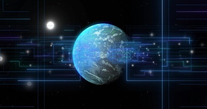 Displaying central Earthlike planet orbiting through neon grid in deep space, with glowing nodes