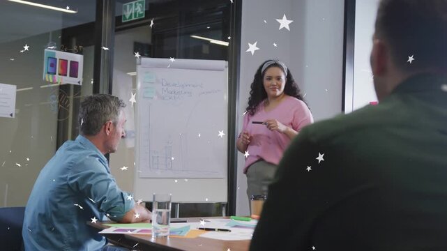 Presenter gesturing with marker and seeking design feedback as star overlays highlighting flipchart