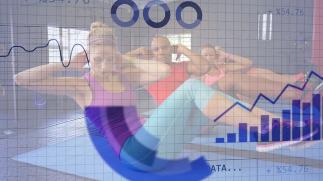 Five adults doing sync crunches on blue mats, motion initiating charts collecting fitness data