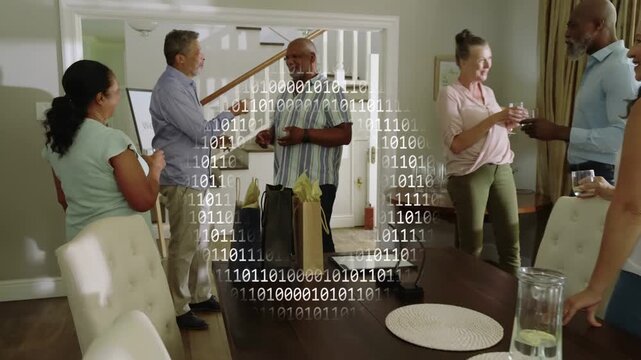 Six adults sharing gifts, passing drinks for party, two arriving, binary overlaying group, clearing