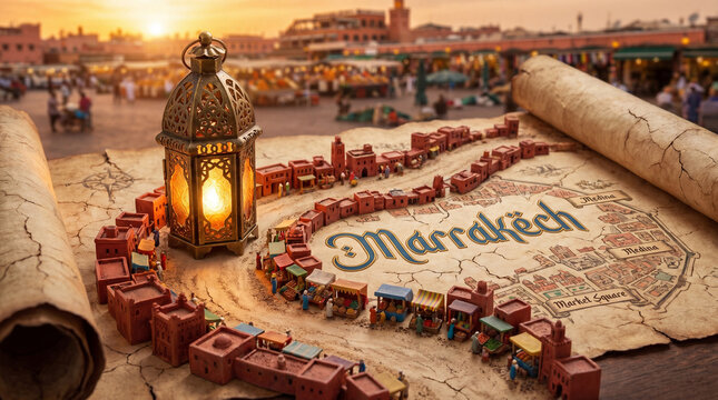 A captivating scene features a detailed miniature city laid out across a vintage map, accompanied by an illuminated lantern, capturing the magic and allure of a historical place.