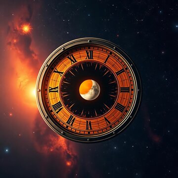 Cosmic clock with sun and moon at its center against a void,  dark background,  cosmic