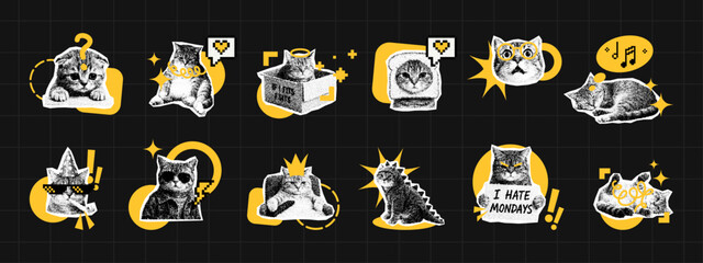 Set of cat sticker collection featuring various cute character poses and funny expressions. Trendy vector illustration with dotwork aesthetic for creative scrapbooking and digital graphic element. © hiten666