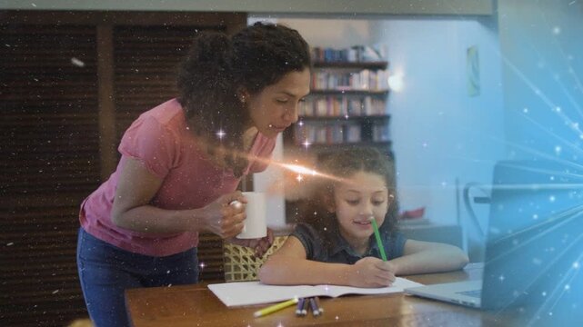 Woman leaning in and pointing, guiding child writing workbook for study and starry overlay growing