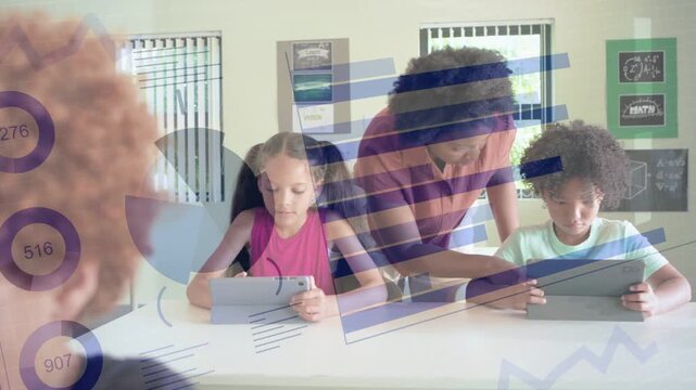 Seeing taps on tablets, teacher walking over leaning by pupils, helping while data overlaying class