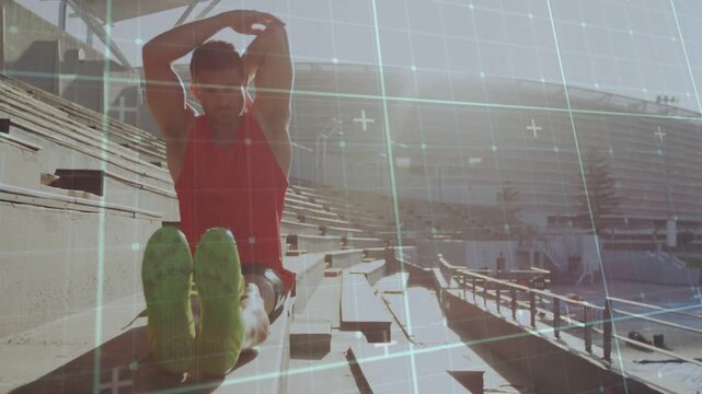 Man adjusting cap folding forward doing forward stretch on stadium with grid overlay pre-run