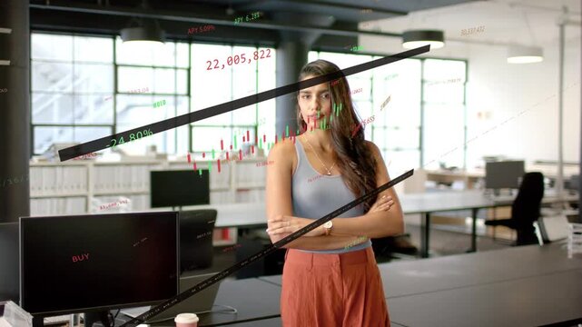 Finance pro standing arms crossed in office, overlays appearing, animating charts for market update