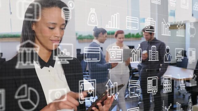 Woman tapping tablet and phone, sparking finance icons, charts, camera pulling back to team working