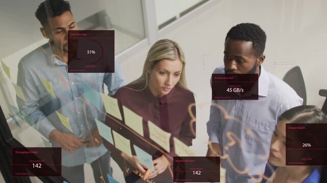 Woman moving notes on glass and speaking, product team deciding as red data panels showing