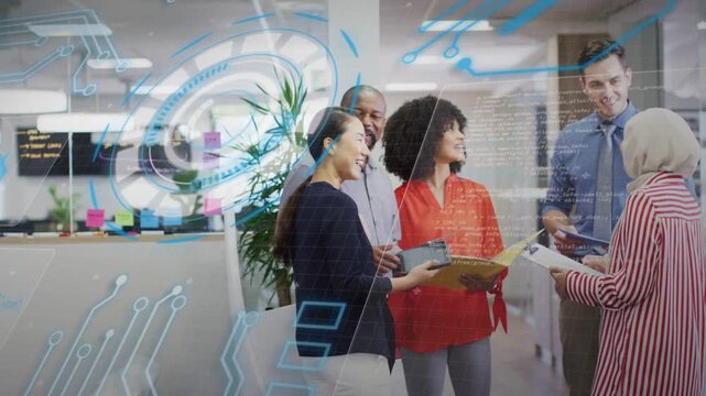 Five colleagues sharing tablet, initiating handshake confirming plan, tech UI hovering near tablet