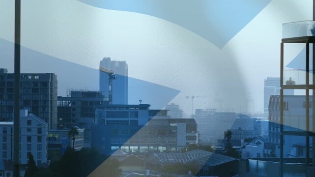 On load blue-white diagonal cross overlay drifting across skyline, dimming buildings to show filter