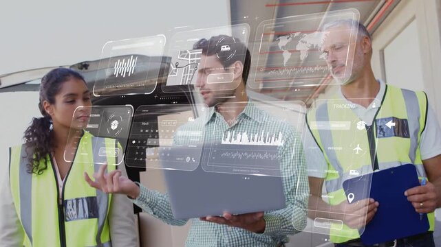 Logistics team opening laptop and analyzing delivery data with AR panels pointing to cargo