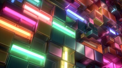 Fototapeta premium Neon illuminated cubes geometric wall with light tubes forming a futuristic architecture 3d design digital abstract background for high tech gaming and modern creative visuals