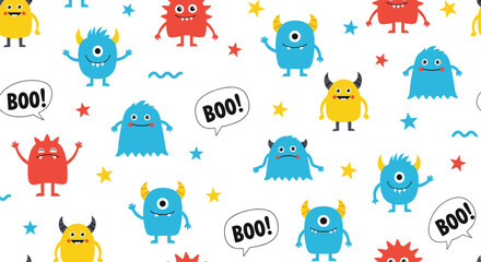 Fototapeta premium Seamless pattern with colorful cute monsters and stars and speech bubbles with boo text on a white background for kids and nursery room.