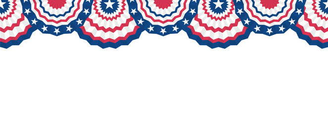Paper fans and stars in American colors seamless border. Half Circle bunting garlands red, white, and blue.patriotic decoration. July 4, independence day. for design poster, brochure, banner, website. © Alyona